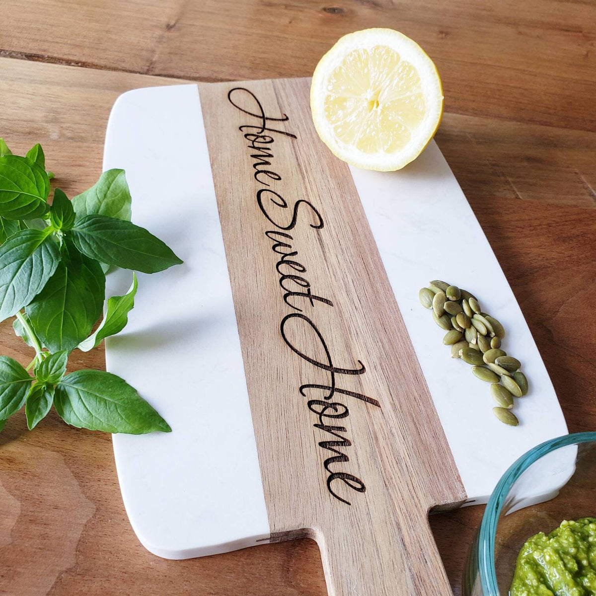 Personalized Acacia Wood Cutting Board with Marble Border – Housewarming Gift