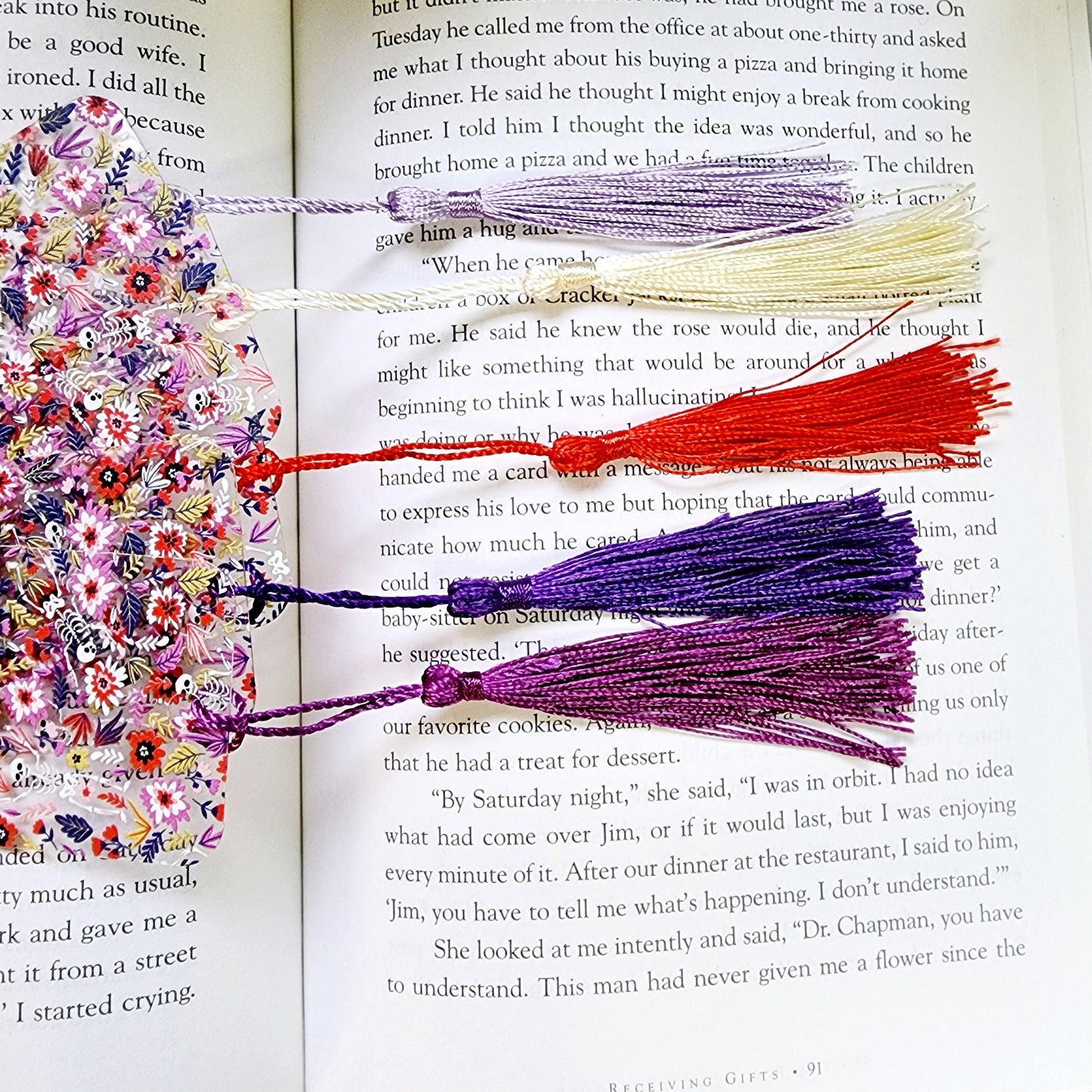 Flexible Acrylic Bookmark with Tassel / Flowers and Skeletons Bookmark