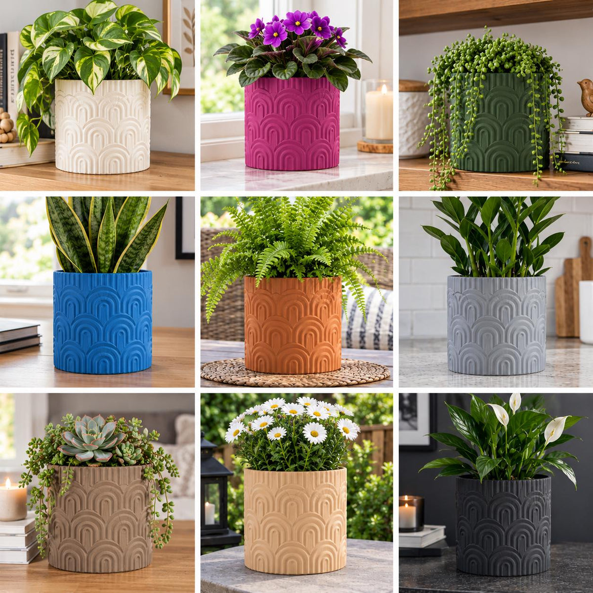 3D Printed Geometric Planter Pot: Plum Color, Modern Arch Pattern