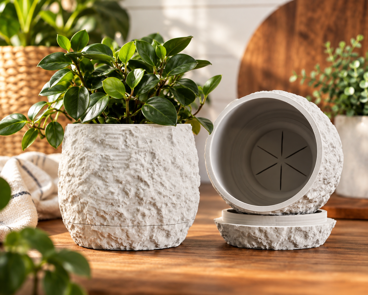 3D Printed Planter with Drainage, Sculptural Stone Look Plant Pot with Drip Tray