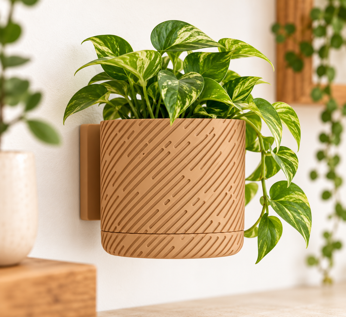 Wall Planter with Drainage Tray, 3D Printed Indoor Hanging Plant Pot, Modern Textured Wall Mounted Planter
