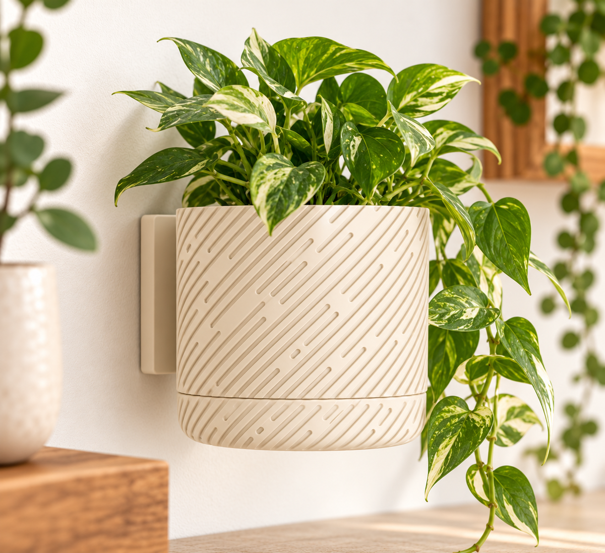 Wall Planter with Drainage Tray, 3D Printed Indoor Hanging Plant Pot, Modern Textured Wall Mounted Planter