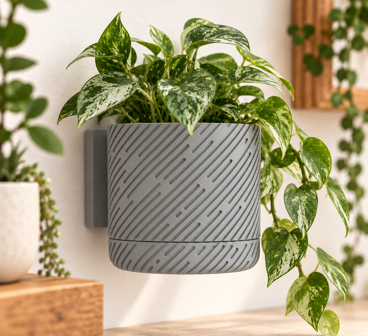 Wall Planter with Drainage Tray, 3D Printed Indoor Hanging Plant Pot, Modern Textured Wall Mounted Planter