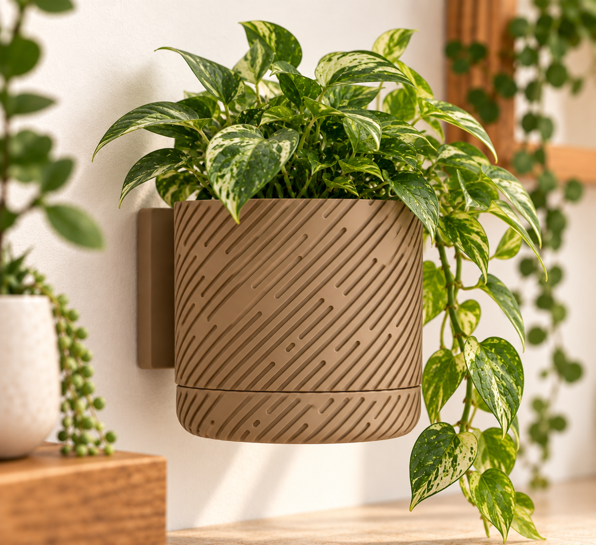 Wall Planter with Drainage Tray, 3D Printed Indoor Hanging Plant Pot, Modern Textured Wall Mounted Planter