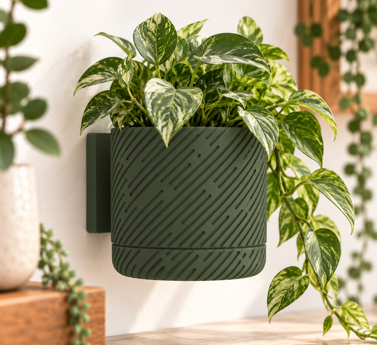 Wall Planter with Drainage Tray, 3D Printed Indoor Hanging Plant Pot, Modern Textured Wall Mounted Planter