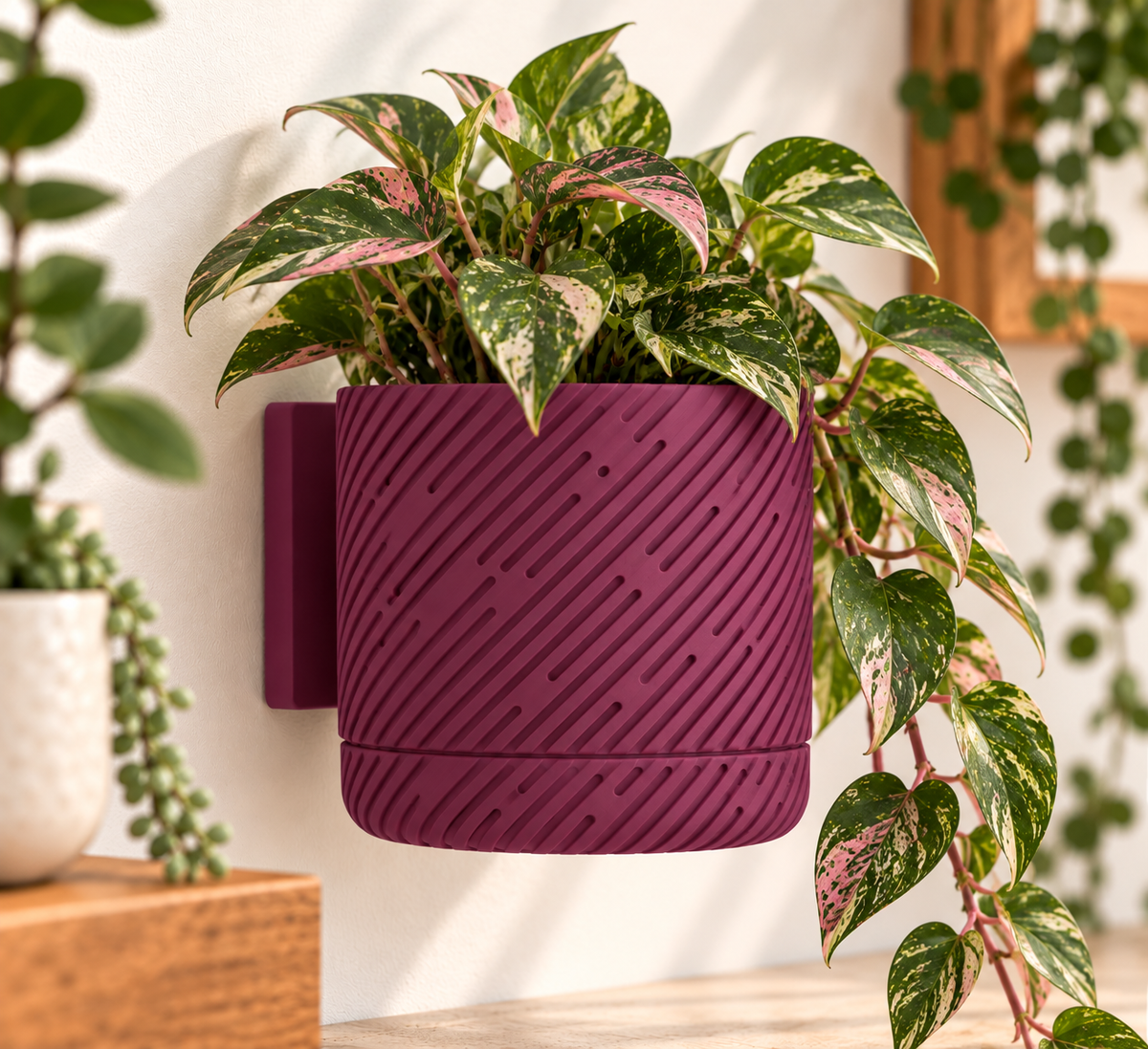 Wall Planter with Drainage Tray, 3D Printed Indoor Hanging Plant Pot, Modern Textured Wall Mounted Planter