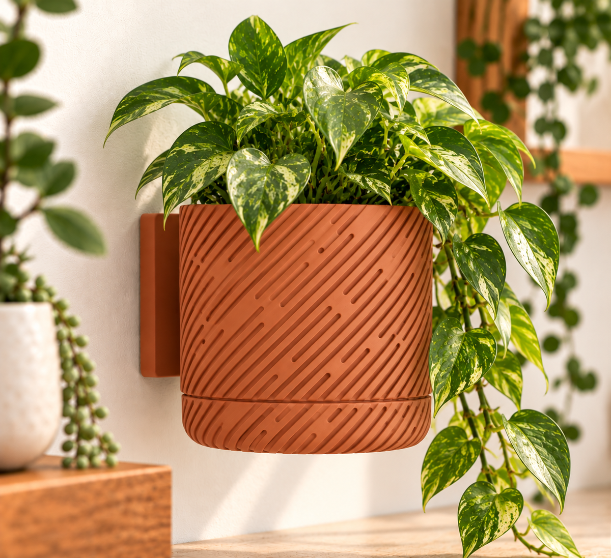 Wall Planter with Drainage Tray, 3D Printed Indoor Hanging Plant Pot, Modern Textured Wall Mounted Planter