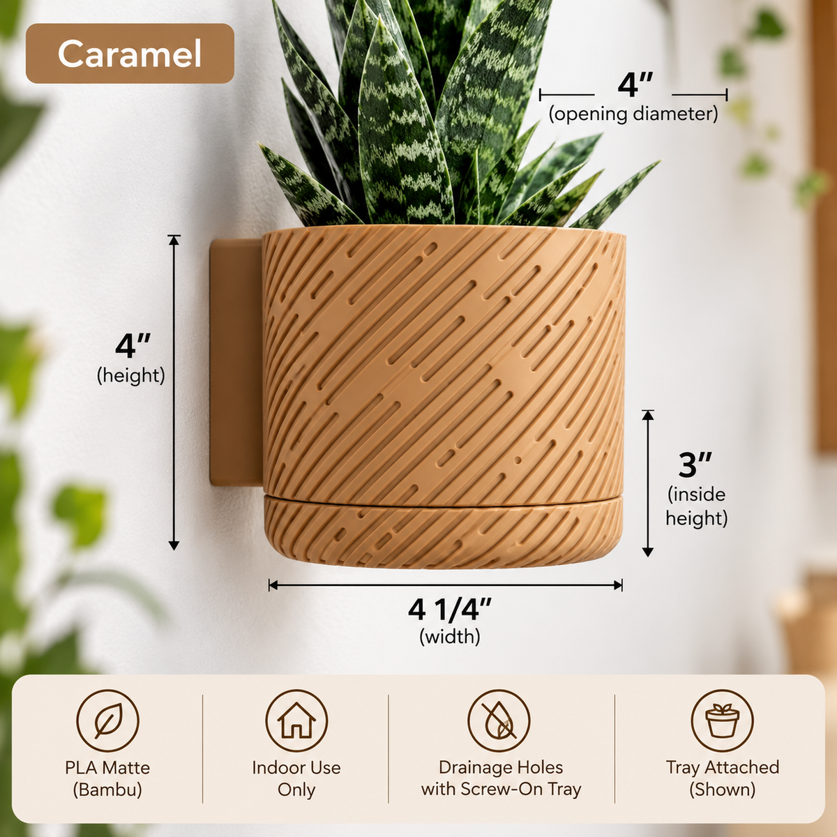 Wall Planter with Drainage Tray, 3D Printed Indoor Hanging Plant Pot, Modern Textured Wall Mounted Planter