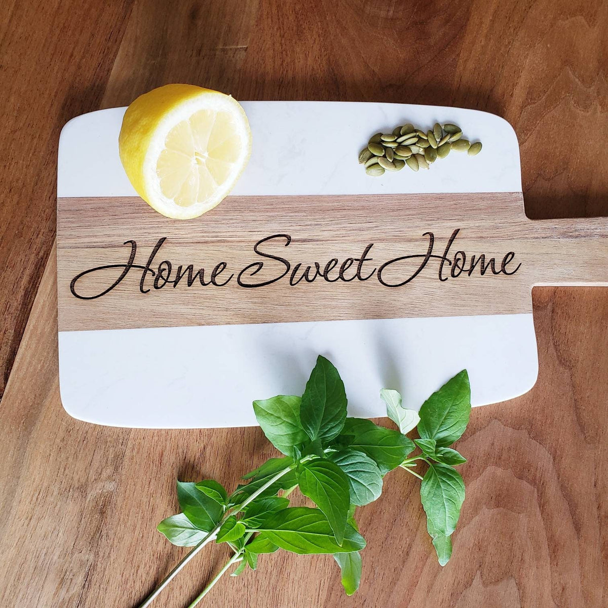 Personalized Acacia Wood Cutting Board with Marble Border – Housewarming Gift