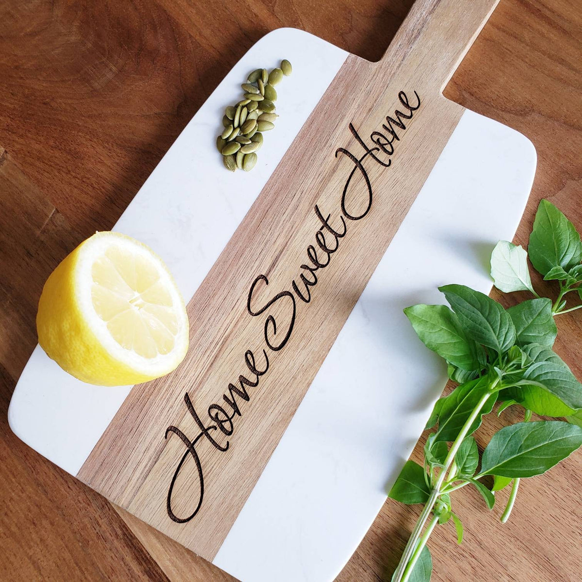 Personalized Acacia Wood Cutting Board with Marble Border – Housewarming Gift