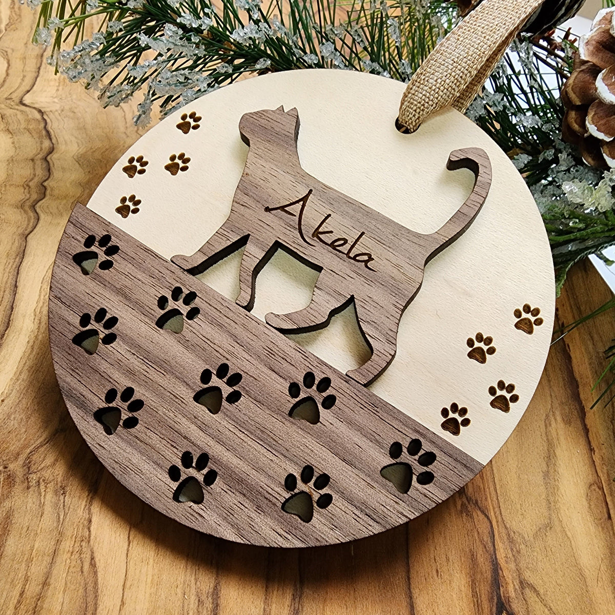Personalized Cat Ornament – Cat Silhouette, Custom Cat Name & Paw Prints