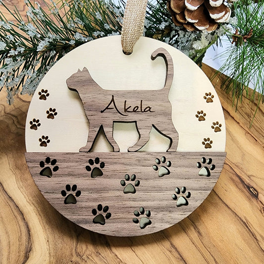 Personalized Cat Ornament – Cat Silhouette, Custom Cat Name & Paw Prints
