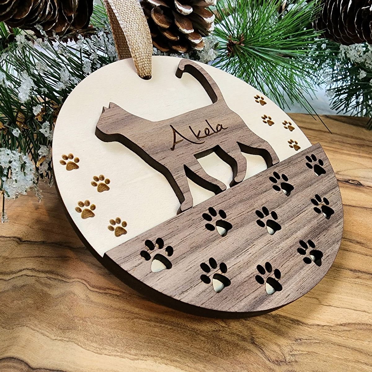Personalized Cat Ornament – Cat Silhouette, Custom Cat Name & Paw Prints