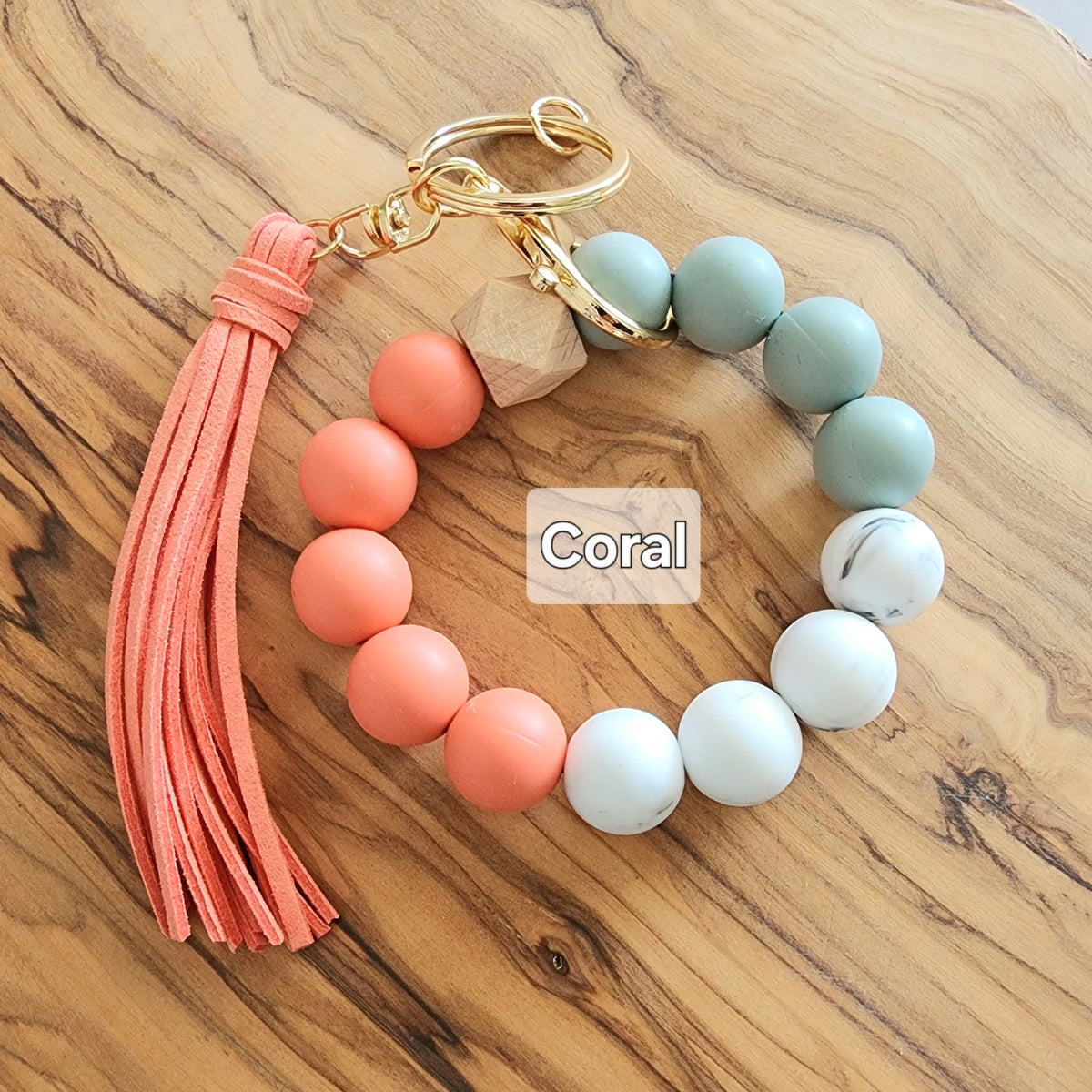 Personalized Silicone Beaded Bracelet Key Ring, Boho Wristlet, Custom Initial Tassel Key Fob