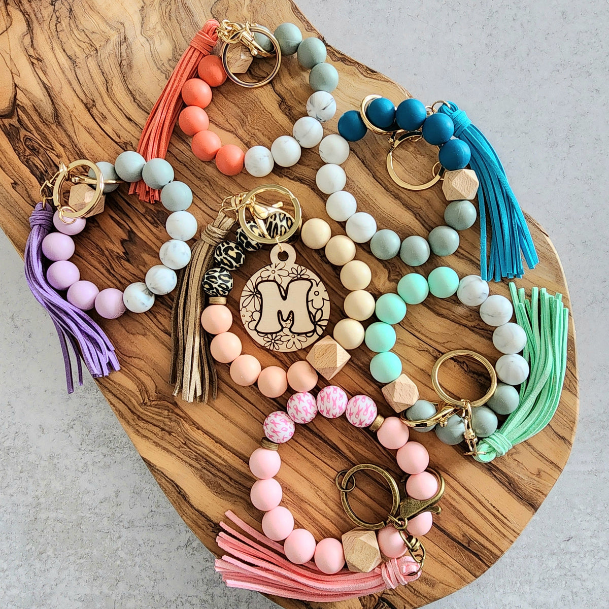 Personalized Silicone Beaded Bracelet Key Ring, Boho Wristlet, Custom Initial Tassel Key Fob