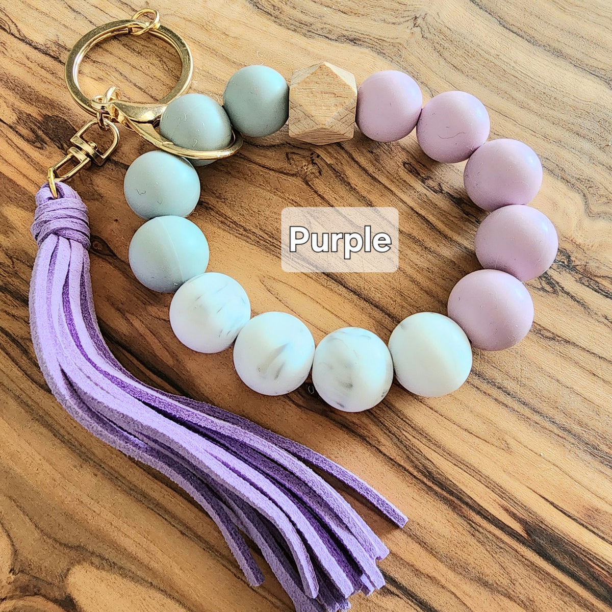 Personalized Silicone Beaded Bracelet Key Ring, Boho Wristlet, Custom Initial Tassel Key Fob