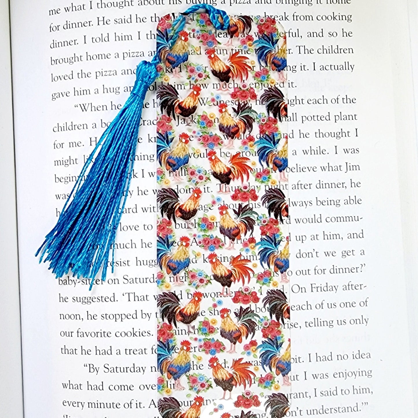 Rooster and Flowers Acrylic Bookmark with Tassel