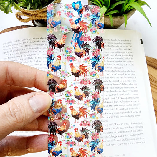 Rooster and Flowers Acrylic Bookmark with Tassel