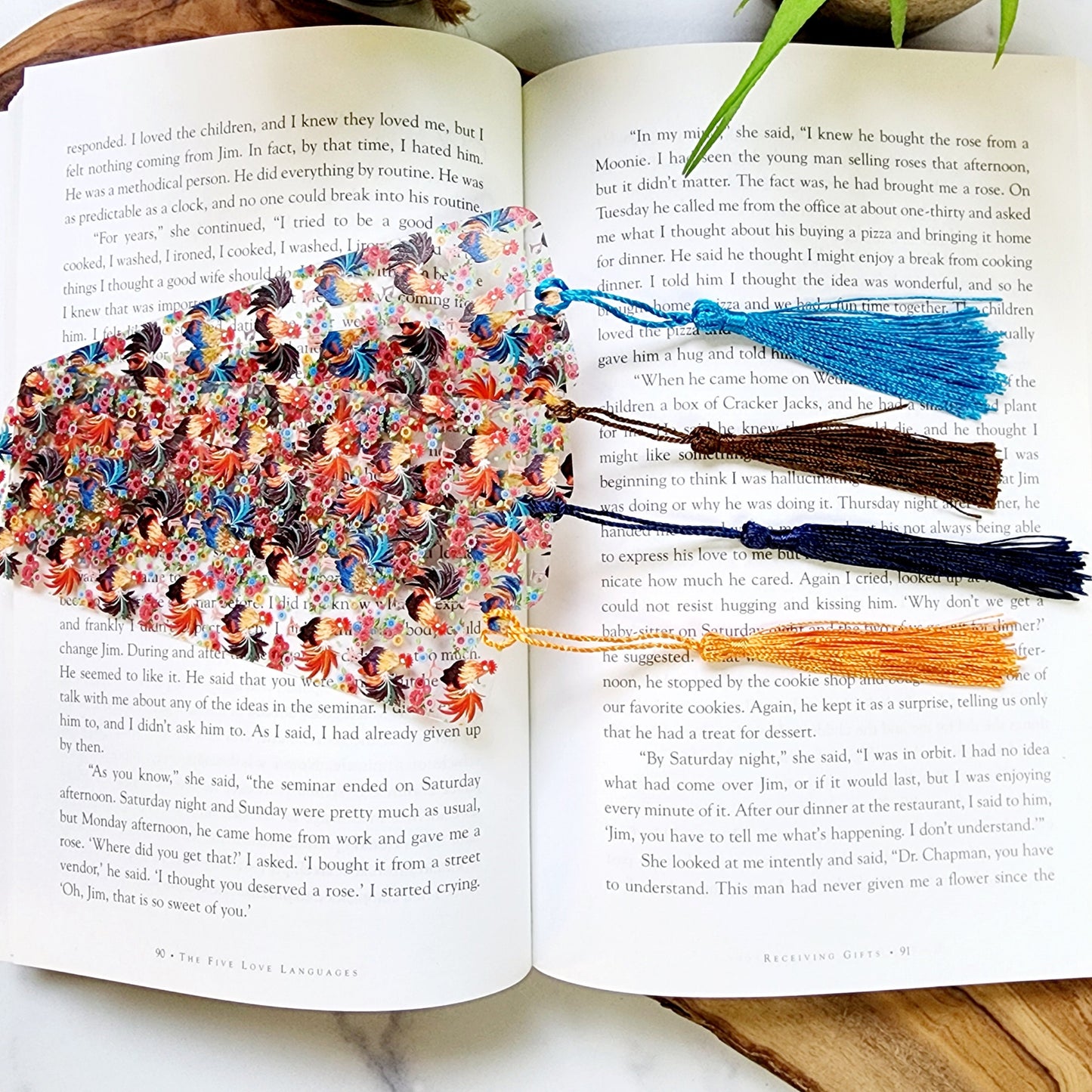 Rooster and Flowers Acrylic Bookmark with Tassel