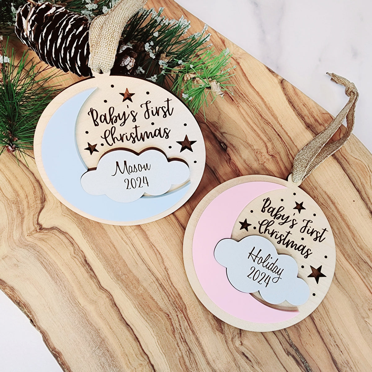 Personalized Baby's First Christmas Ornament, Moon and Cloud Keepsake