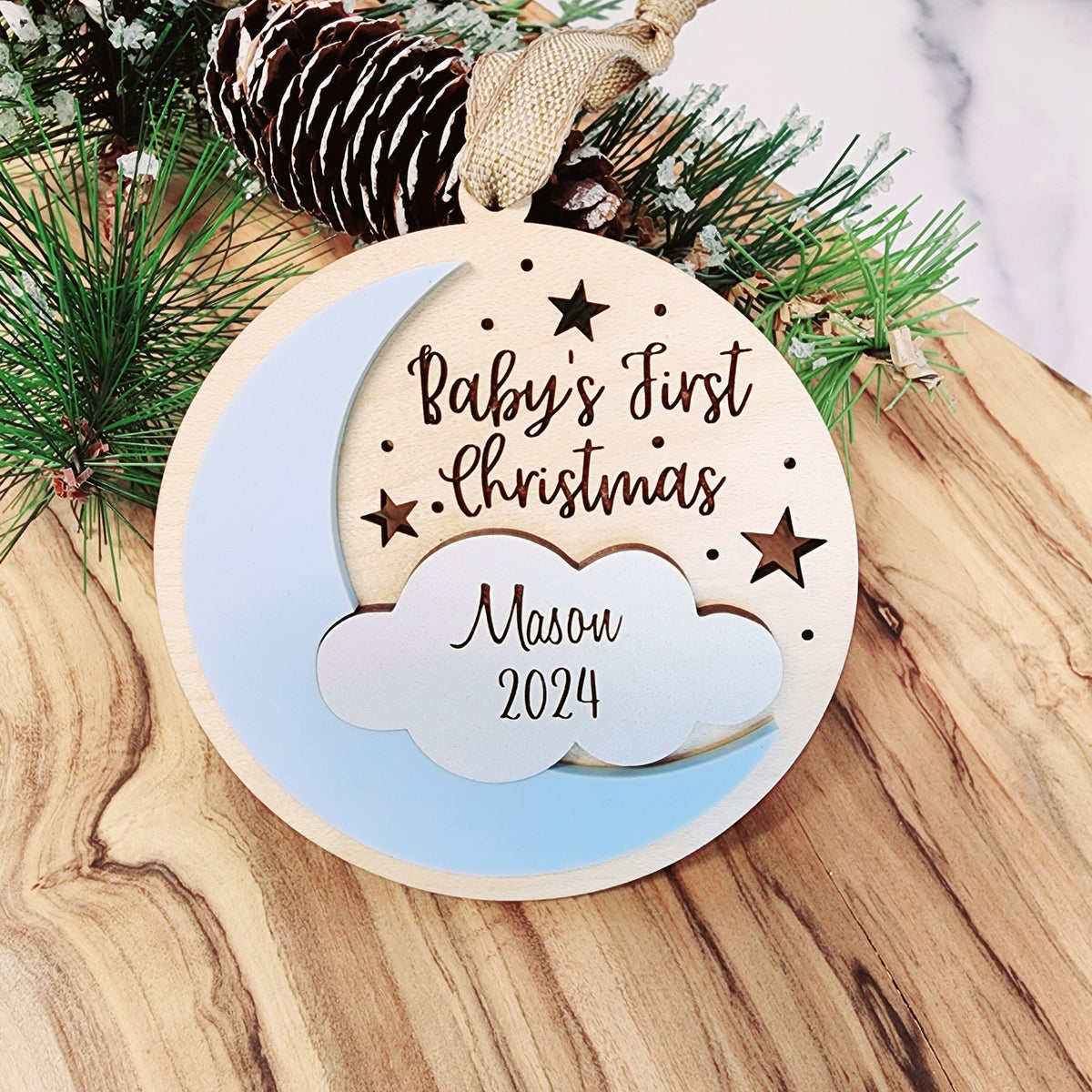 Personalized Baby's First Christmas Ornament, Moon and Cloud Keepsake