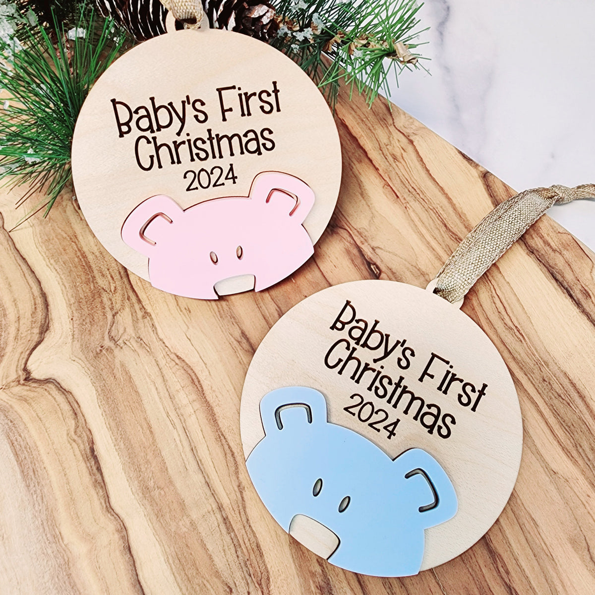 Personalized Baby's First Christmas Ornament, Plywood Bear Keepsake