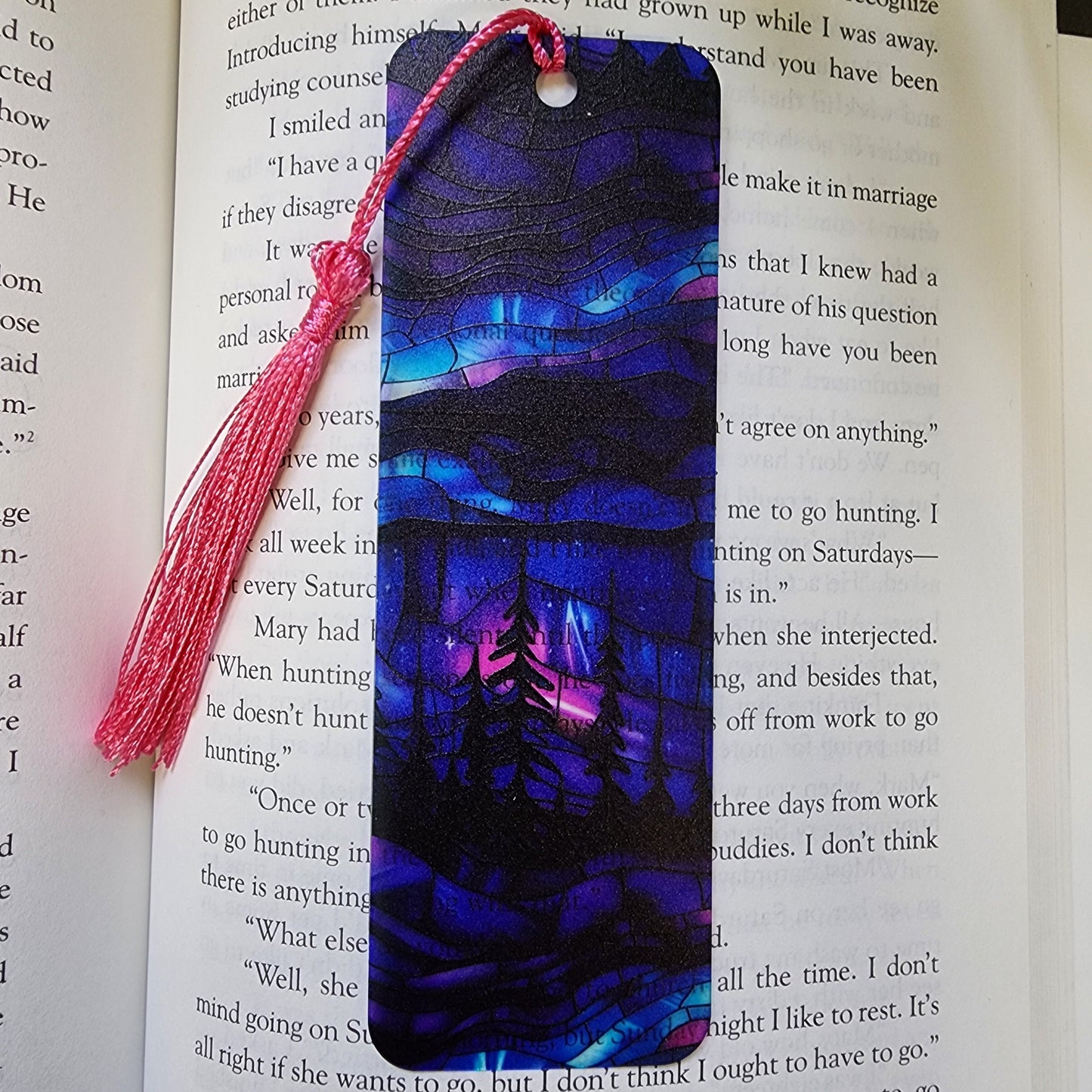 Northern Lights Forest Stained Glass with Tassel for book lover gift for bookworm