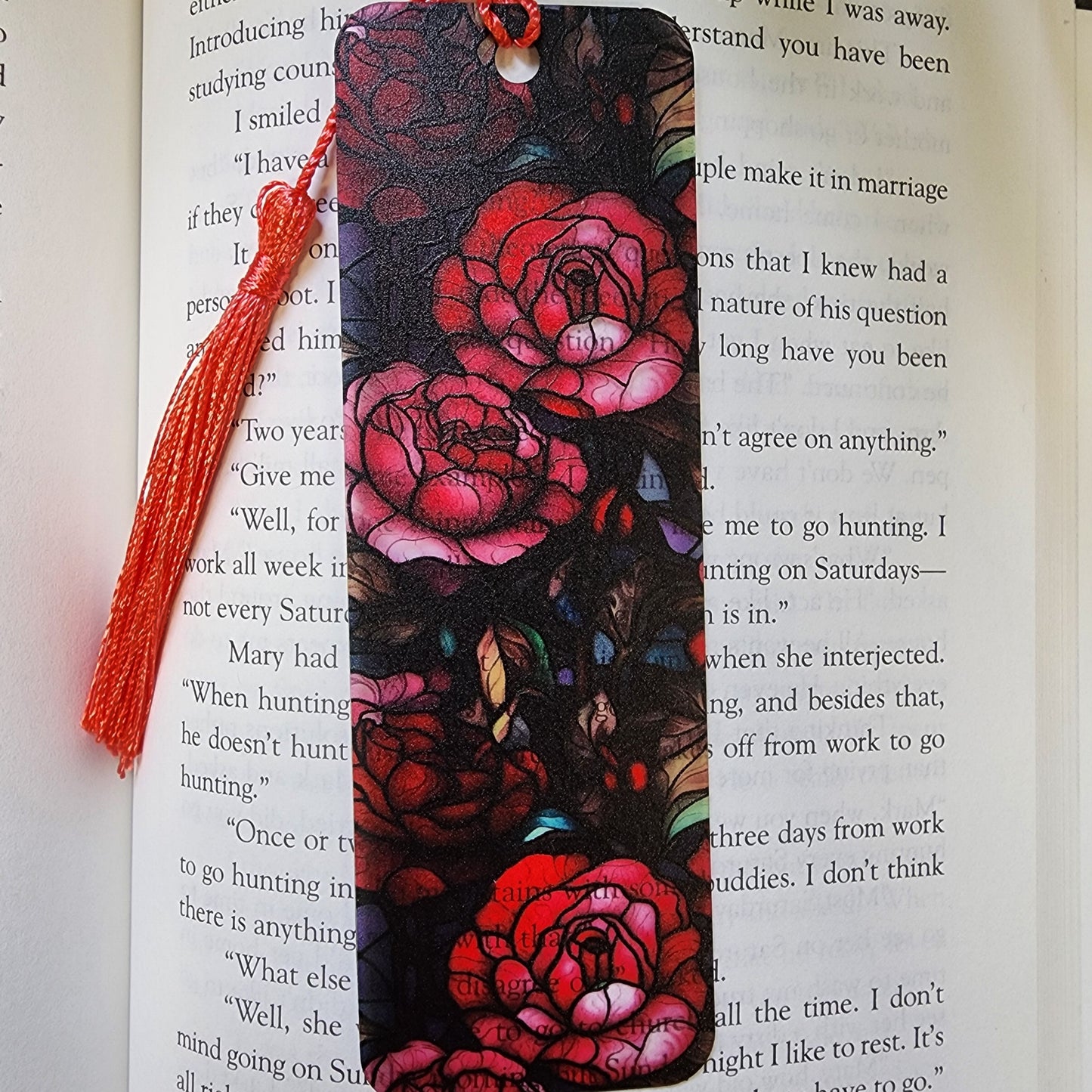 Red Roses Stained Glass Bookmark with Tassel for book lover gift for bookworm