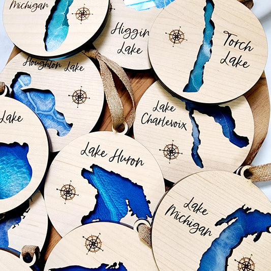 Michigan Lake Resin & Wood Christmas Ornament / Laser Cut Lake House Decor / Travel Memory Gift / Torch Lake / Higgins Lake / Lake Michigan