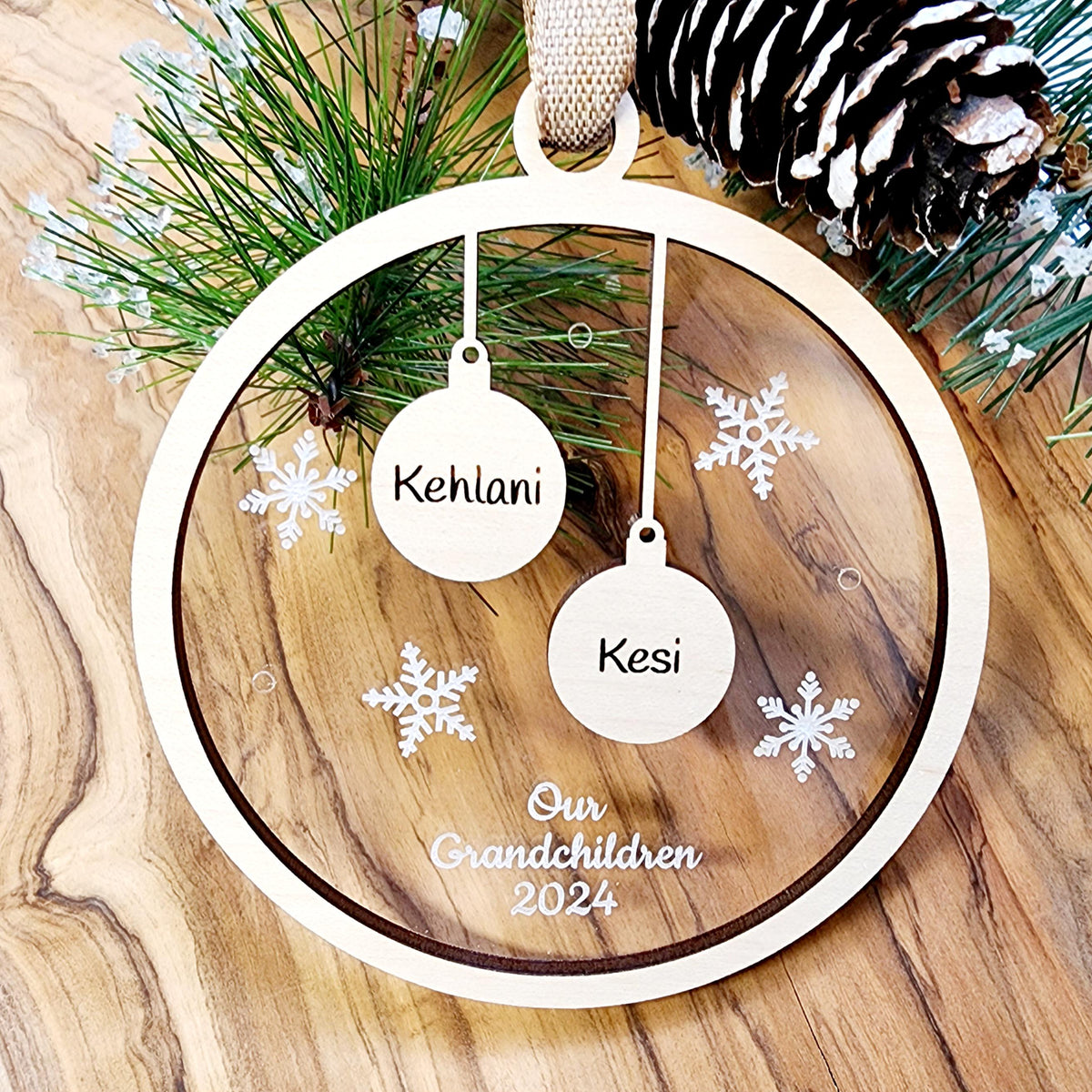 Personalized Grandchildren Christmas Ornament: Maple & Acrylic Family Gift