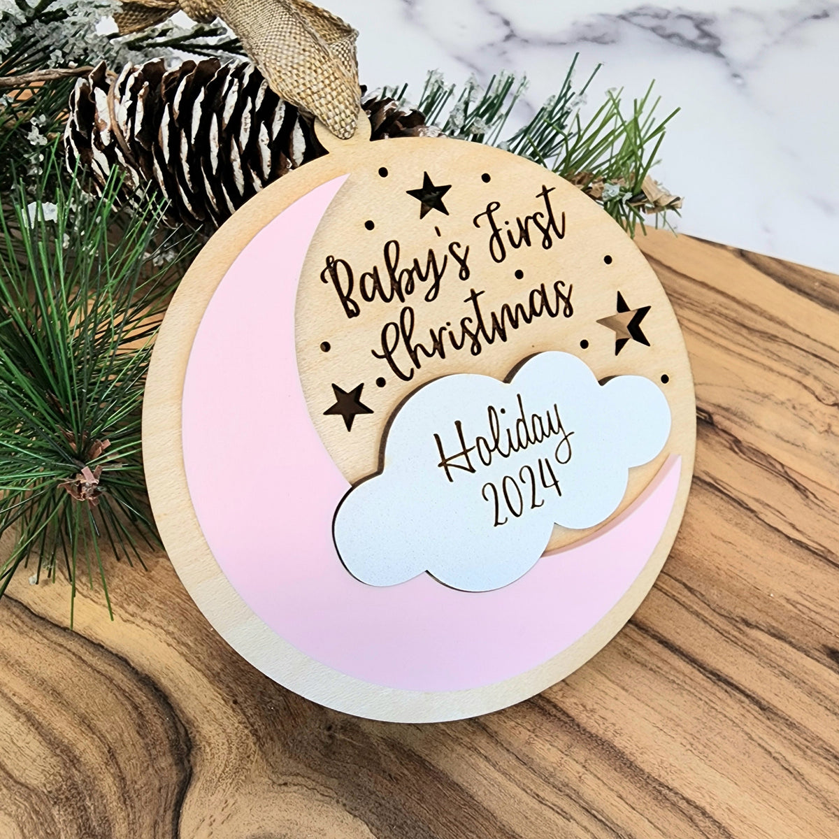 Personalized Baby's First Christmas Ornament, Moon and Cloud Keepsake