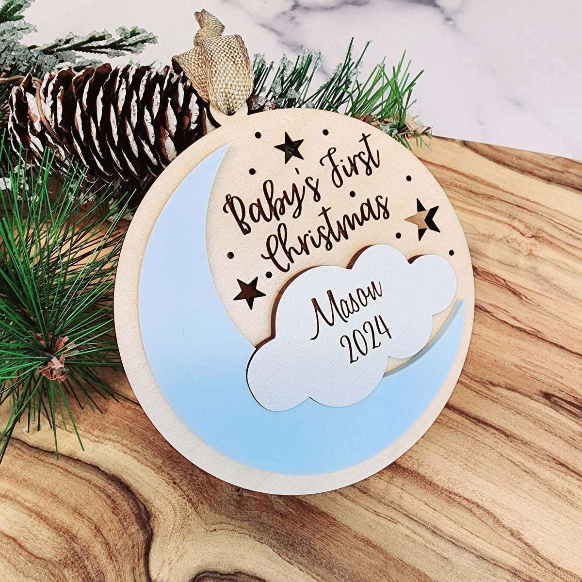 Personalized Baby's First Christmas Ornament, Moon and Cloud Keepsake