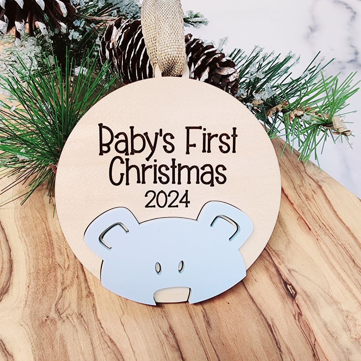 Personalized Baby's First Christmas Ornament, Plywood Bear Keepsake