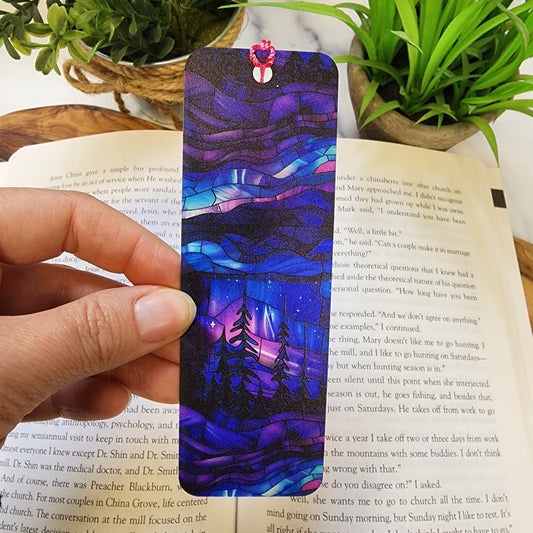Northern Lights Forest Stained Glass with Tassel for book lover gift for bookworm
