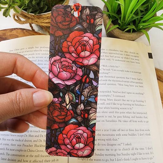 Red Roses Stained Glass Bookmark with Tassel for book lover gift for bookworm