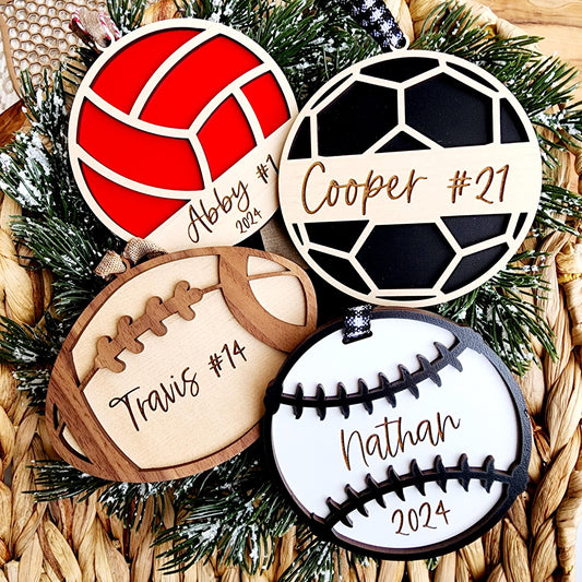Personalized Sports Christmas Ornament: Football, Baseball, Soccer, Volleyball