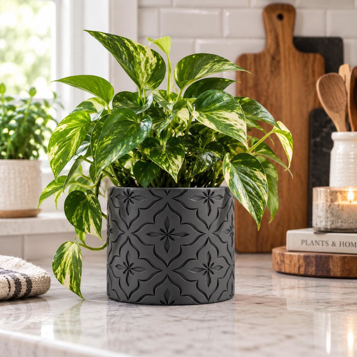 Embossed Floral Planter Pot: 3D Printed Indoor Plant Pot, 4 Inch