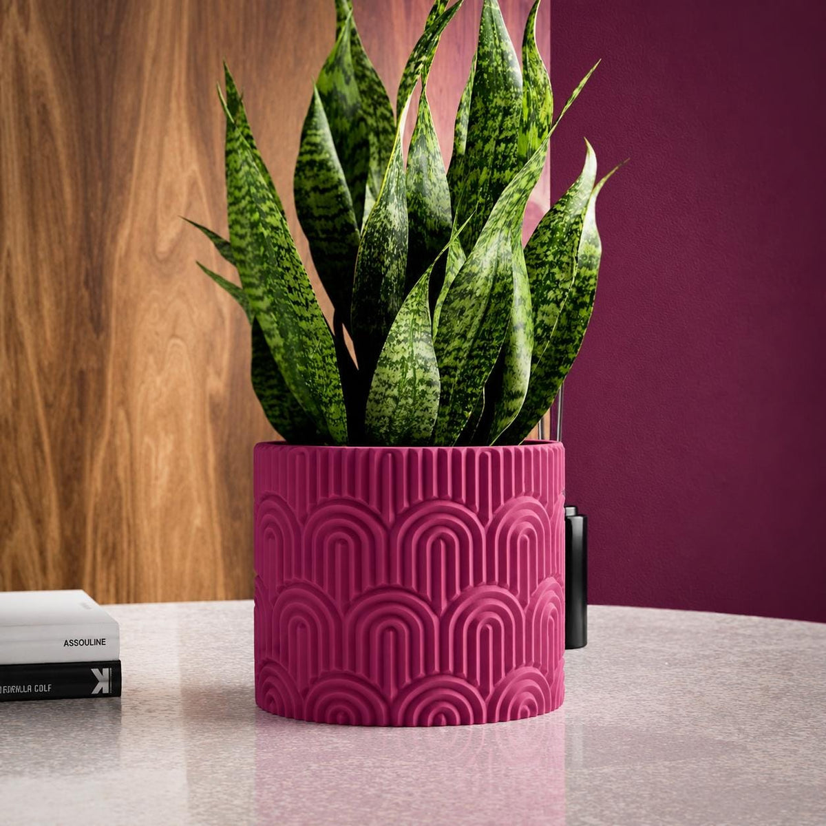 3D Printed Geometric Planter Pot: Plum Color, Modern Arch Pattern