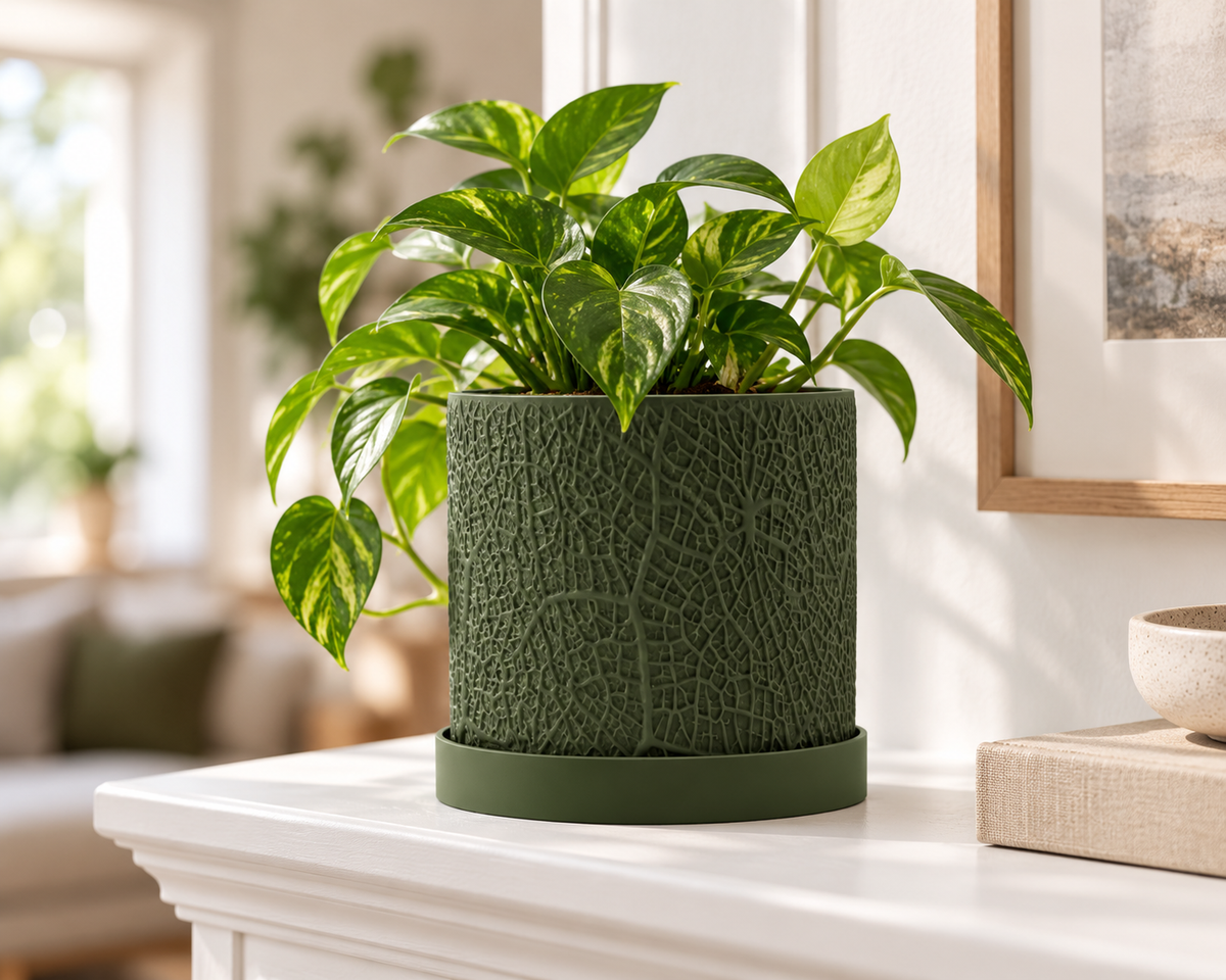 Leaf Textured 3D Printed Planter with Saucer, Small Indoor Plant Pot with Drainage Holes