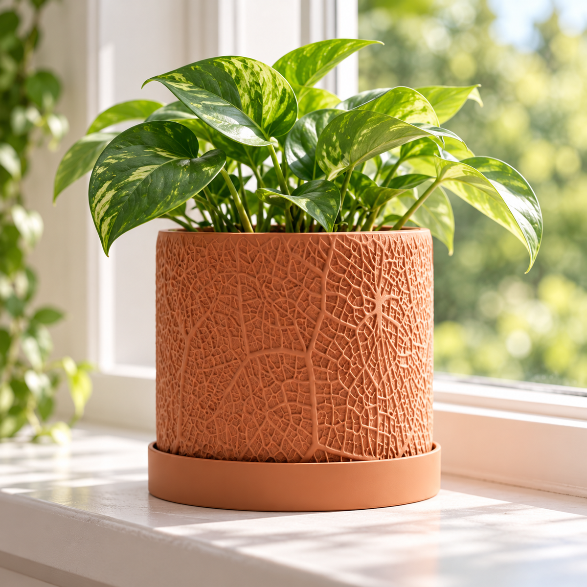 Leaf Textured 3D Printed Planter with Saucer, Small Indoor Plant Pot with Drainage Holes