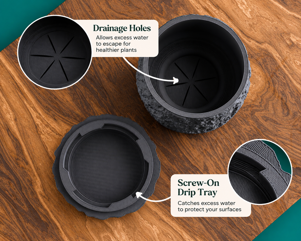 3D Printed Planter with Drainage, Sculptural Stone Look Plant Pot with Drip Tray