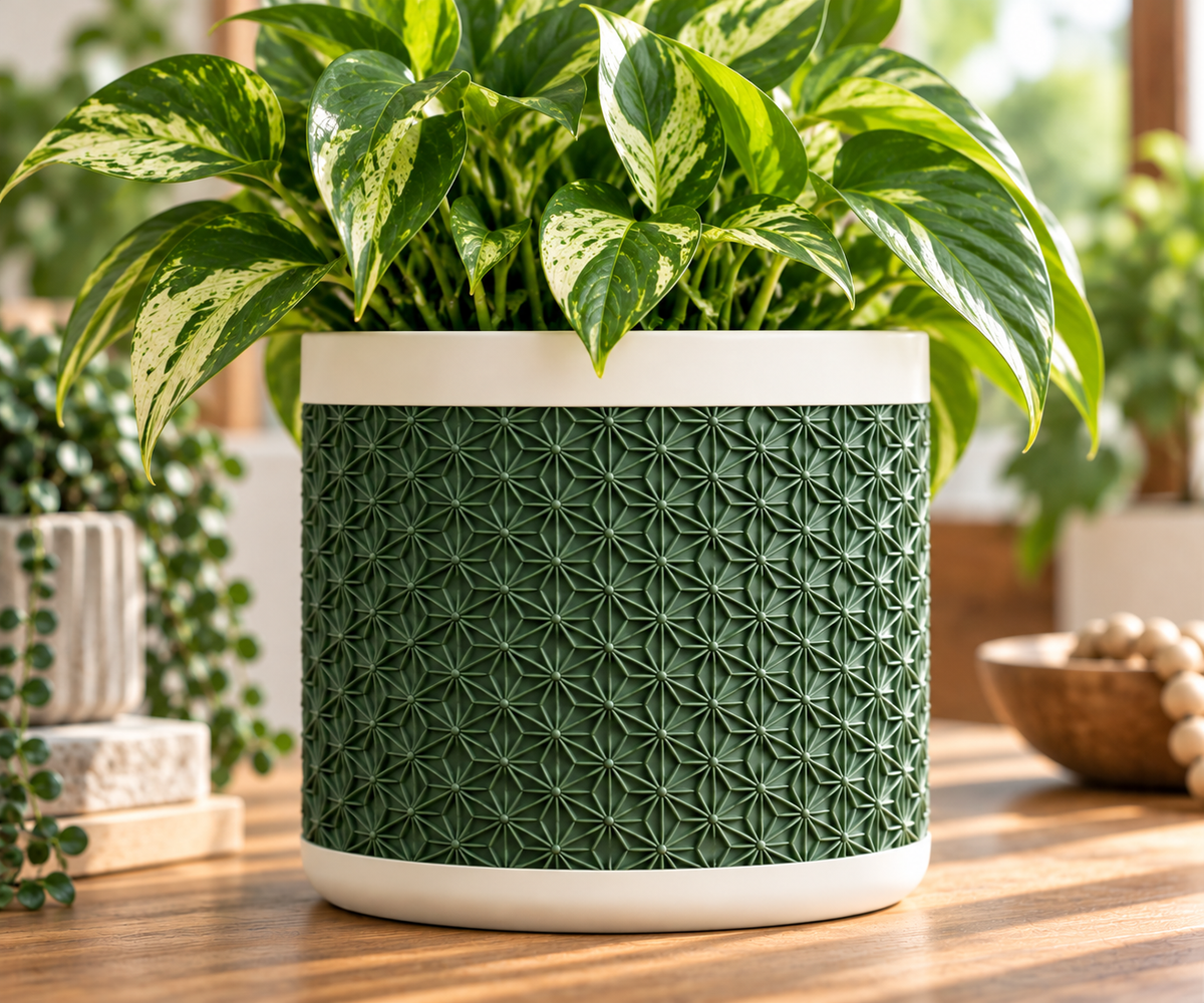 3D Printed Planter with Drainage & Drip Tray, Kumiko Pattern Indoor Plant Pot