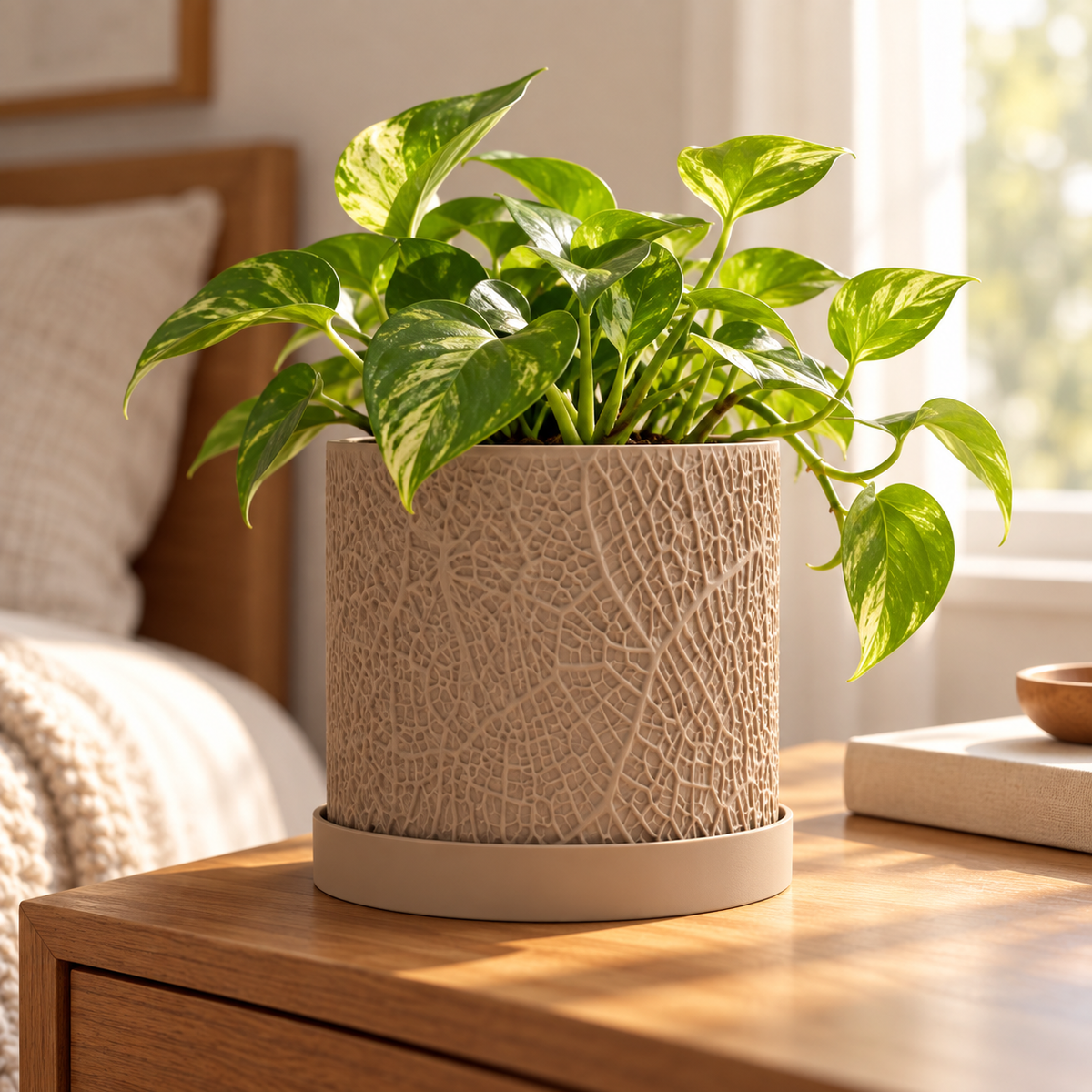 Leaf Textured 3D Printed Planter with Saucer, Small Indoor Plant Pot with Drainage Holes