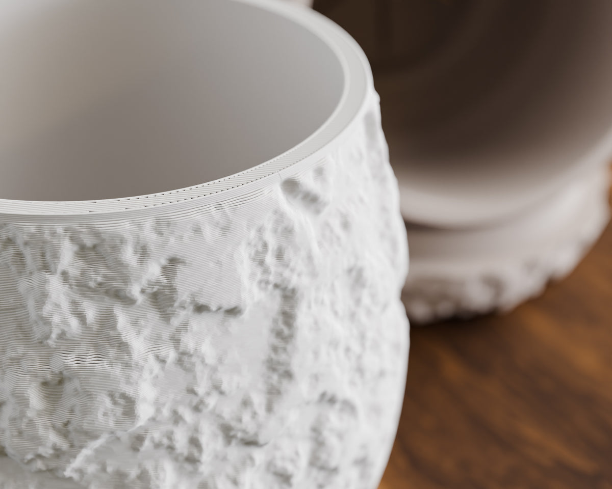 3D Printed Planter with Drainage, Sculptural Stone Look Plant Pot with Drip Tray