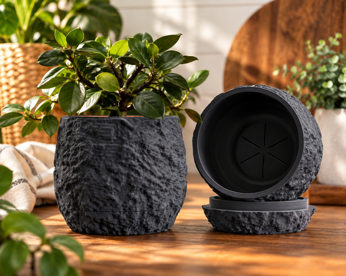 3D Printed Planter with Drainage, Sculptural Stone Look Plant Pot with Drip Tray