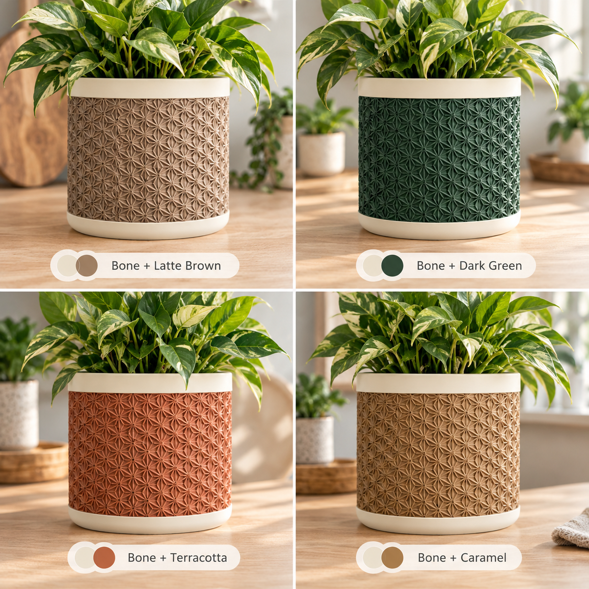 3D Printed Planter with Drainage & Drip Tray, Kumiko Pattern Indoor Plant Pot