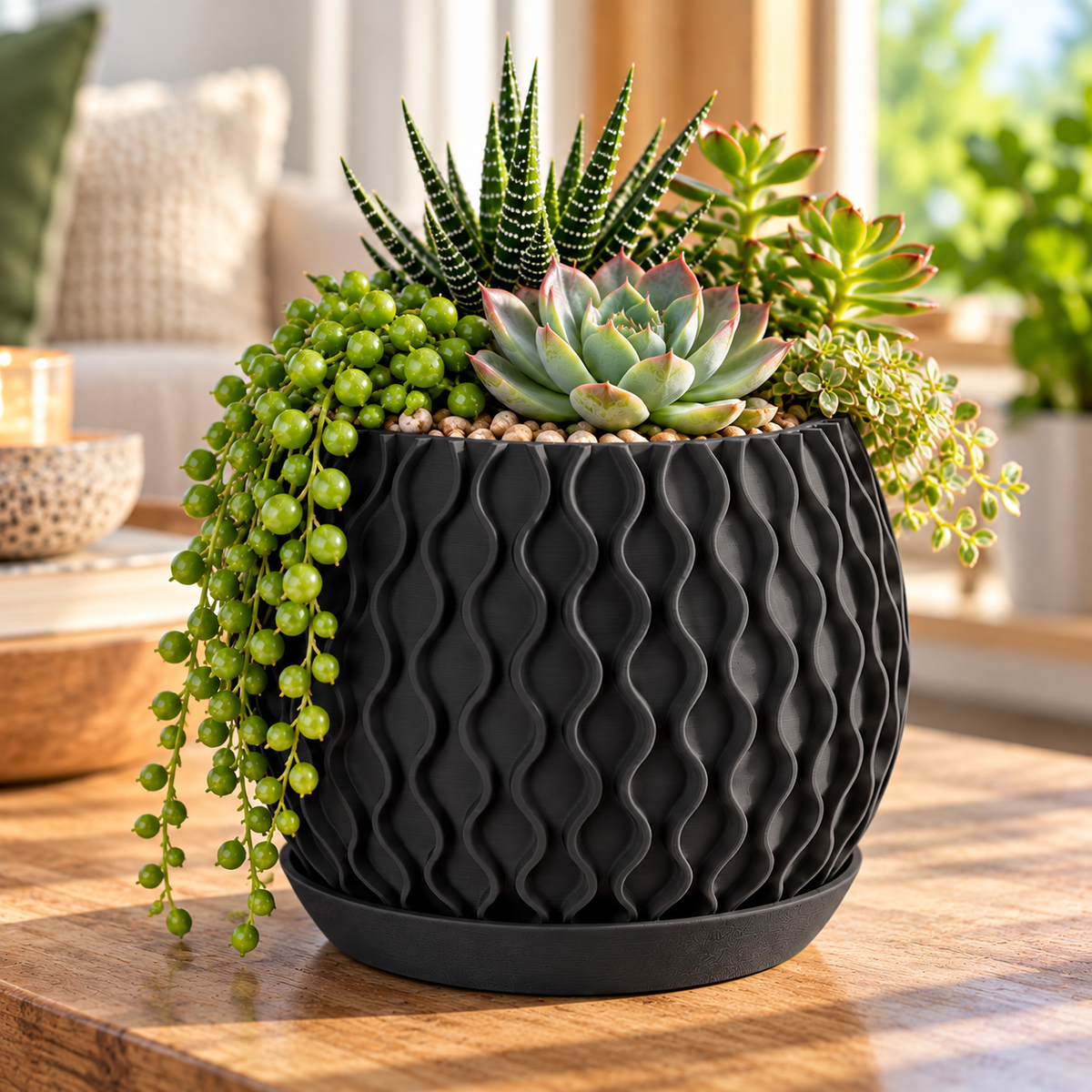 Modern Wavy Succulent Planter with Matching Tray