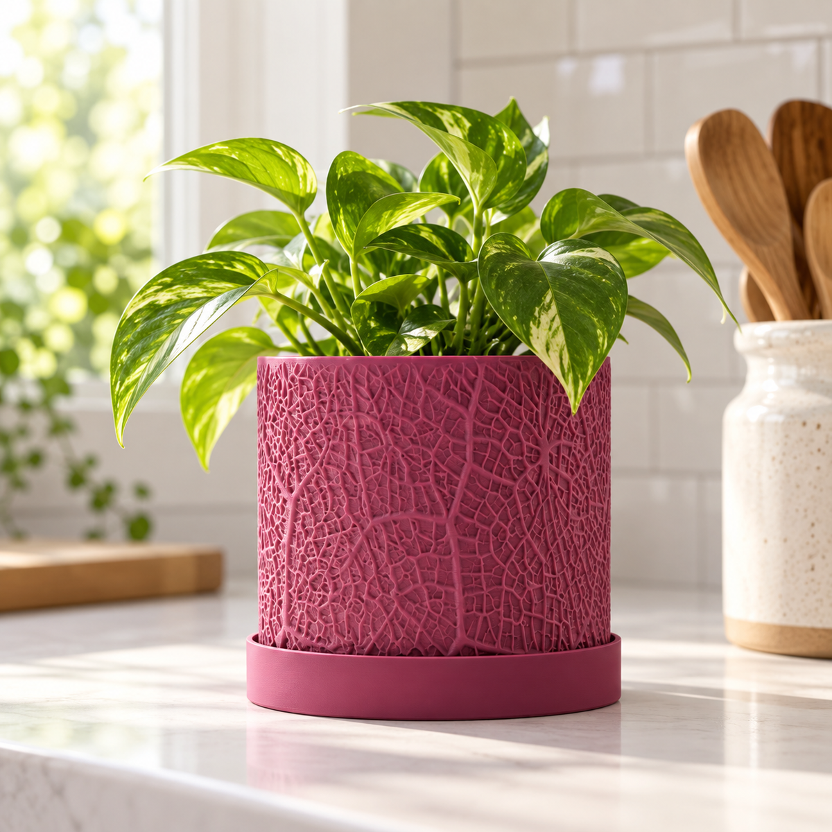 Leaf Textured 3D Printed Planter with Saucer, Small Indoor Plant Pot with Drainage Holes