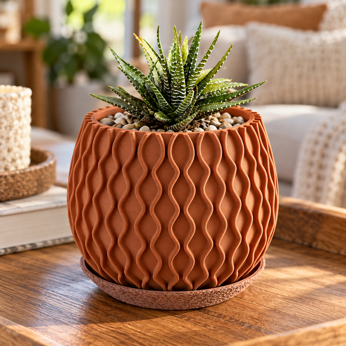 Modern Wavy Succulent Planter with Matching Tray