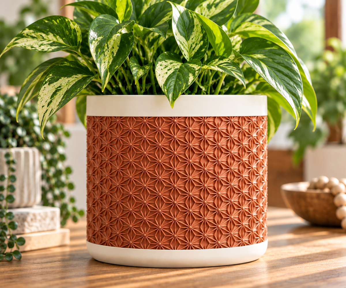 3D Printed Planter with Drainage & Drip Tray, Kumiko Pattern Indoor Plant Pot